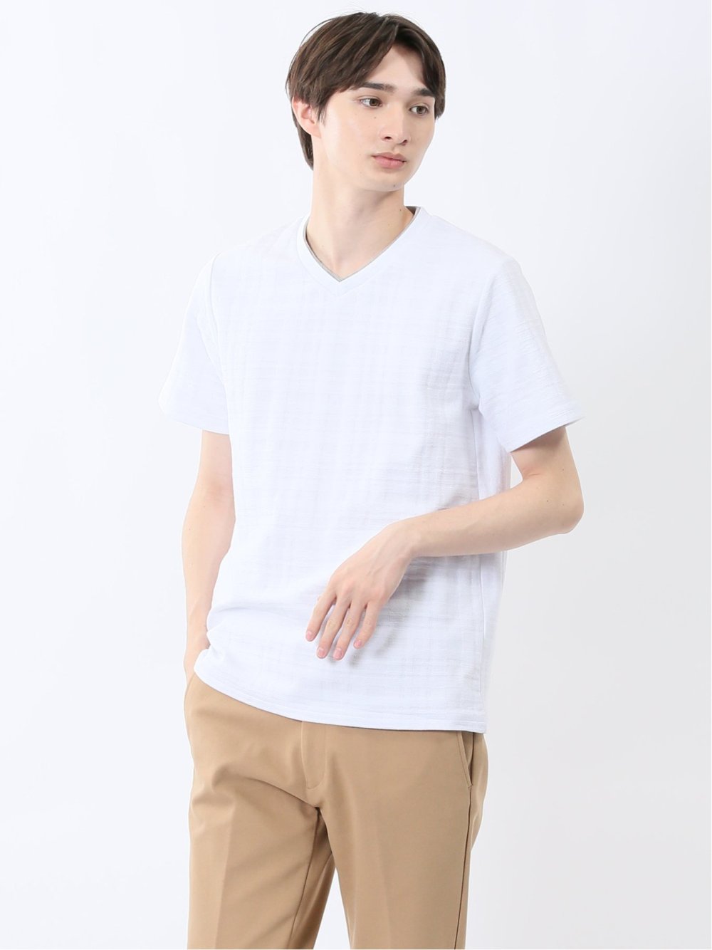 シャドーチェック Vネック半袖Tシャツ