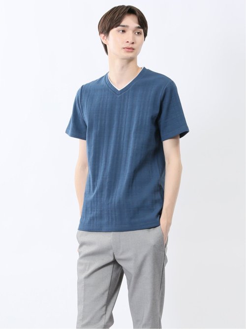 シャドーチェック Vネック半袖Tシャツ