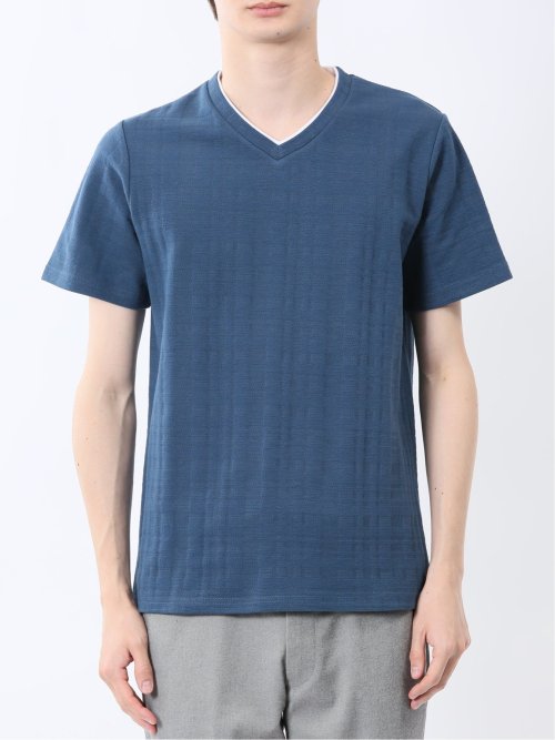 シャドーチェック Vネック半袖Tシャツ