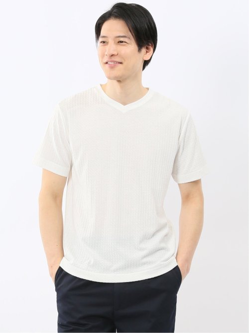 市松 ジャガード Vネック 半袖 Tシャツ(M 01白): トップス | TAKA-Q