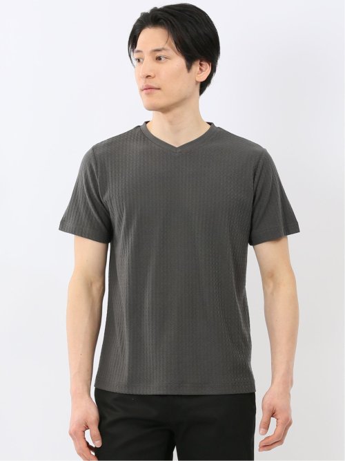 市松 ジャガード Vネック 半袖 Tシャツ