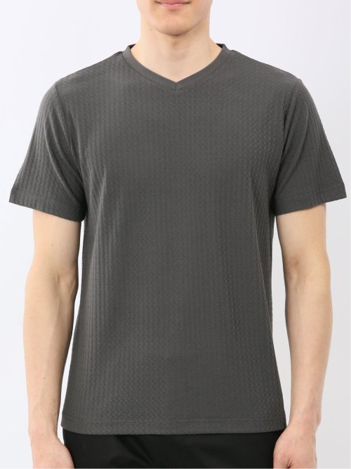 市松 ジャガード Vネック 半袖 Tシャツ