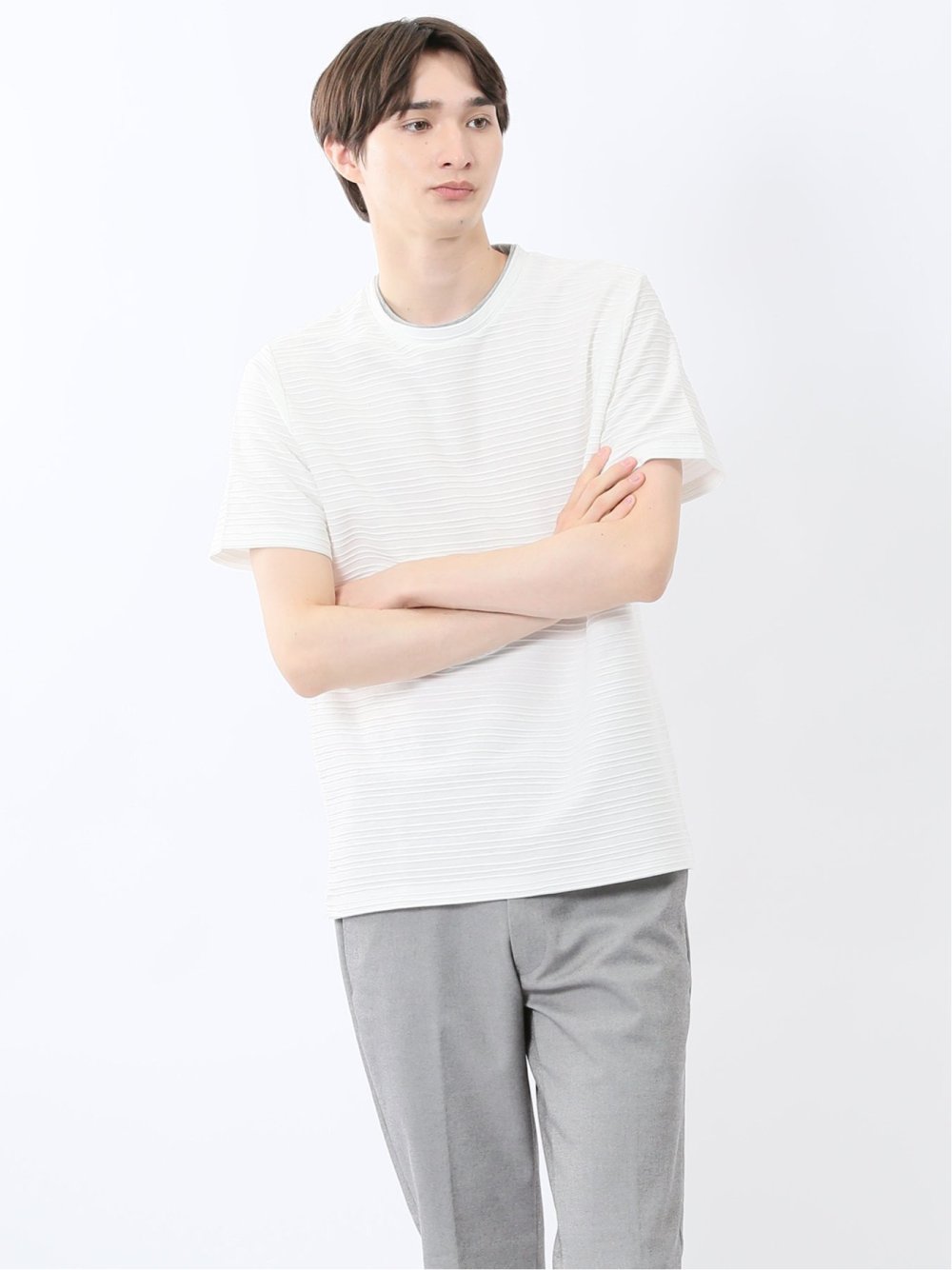ピンタックボーダー クルーネック半袖Tシャツ
