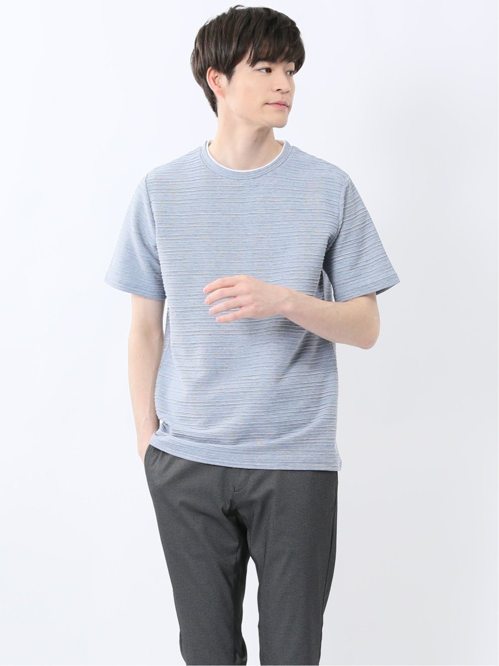 ピンタックボーダー クルーネック半袖Tシャツ