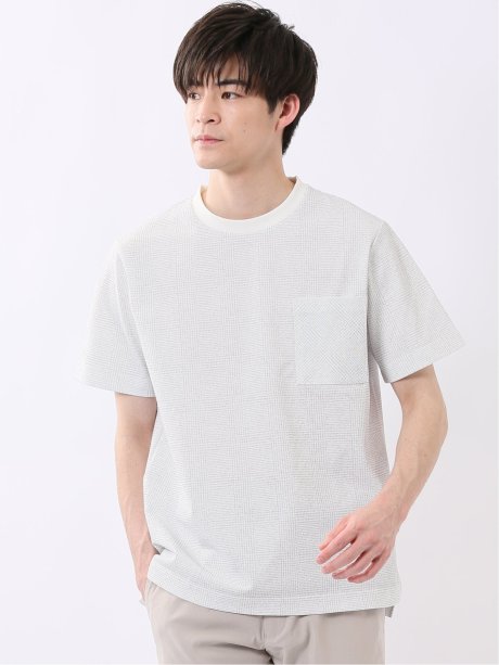 ストレッチ チェック プリント クルーネック 半袖 Tシャツ