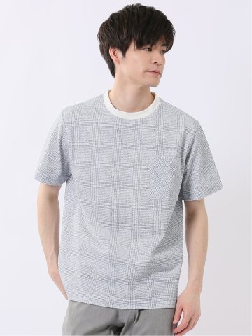 ストレッチ チェック プリント クルーネック 半袖 Tシャツ
