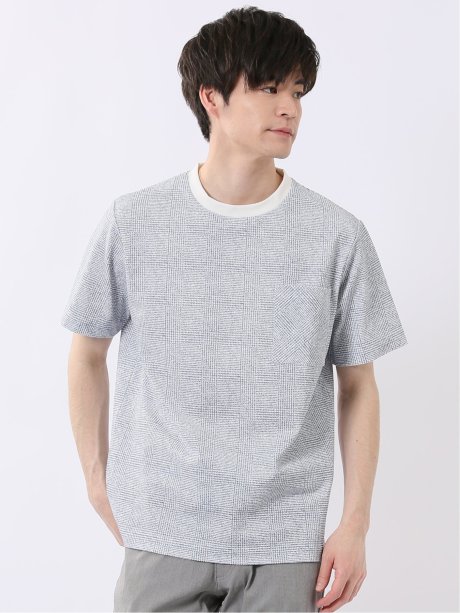 ストレッチ チェック プリント クルーネック 半袖 Tシャツ