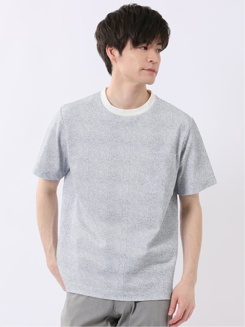 ストレッチ チェック プリント クルーネック 半袖 Tシャツ
