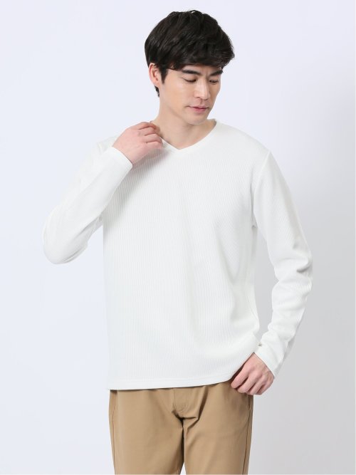 ストレッチ ダブルフェイス Vネックニットソー(M 01白): トップス