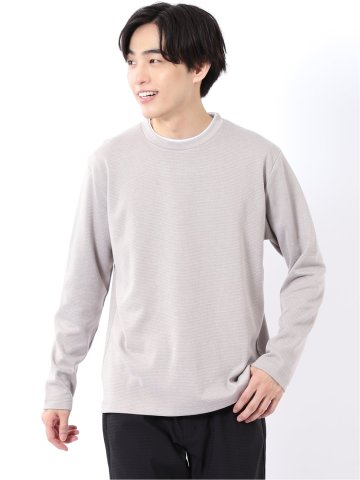 Tシャツ メンズ 長袖 ストレッチ クルーネック フェイクレイヤード 綿混 メランジ ジャガード