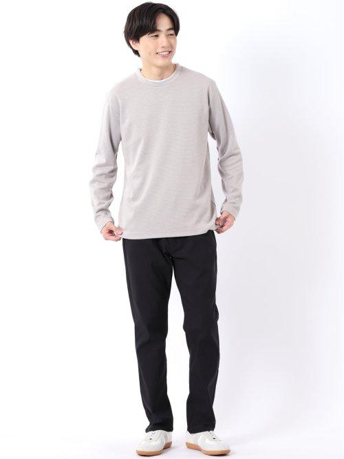 Tシャツ メンズ 長袖 ストレッチ クルーネック フェイクレイヤード 綿混 メランジ ジャガード