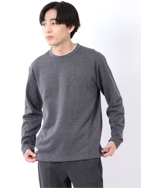 Tシャツ メンズ 長袖 ストレッチ クルーネック フェイクレイヤード 綿混 メランジ ジャガード