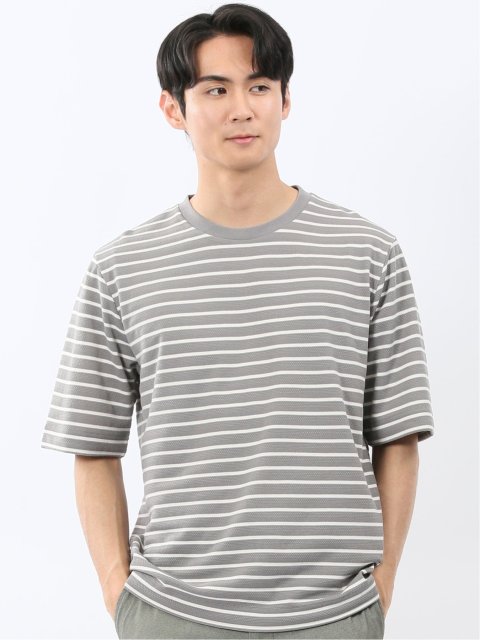 ストレッチ ボーダー クルーネック 5分袖 Tシャツ