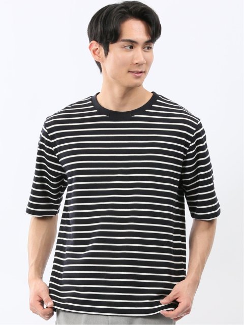 ストレッチ ボーダー クルーネック 5分袖 Tシャツ