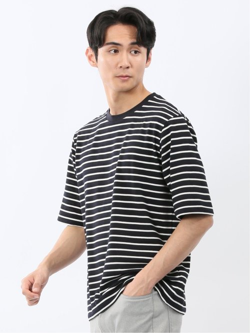 ストレッチ ボーダー クルーネック 5分袖 Tシャツ