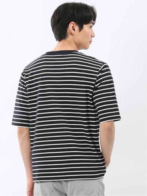 ストレッチ ボーダー クルーネック 5分袖 Tシャツ