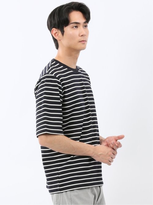 ストレッチ ボーダー クルーネック 5分袖 Tシャツ