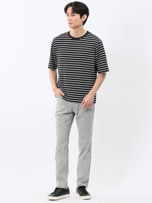 ストレッチ ボーダー クルーネック 5分袖 Tシャツ