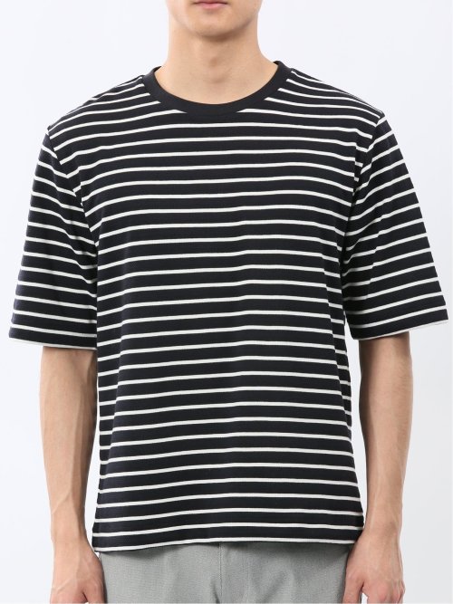 ストレッチ ボーダー クルーネック 5分袖 Tシャツ