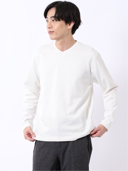 Tシャツ メンズ 長袖 Vネック 裏起毛 綿混 ジオメトリック ジャガード