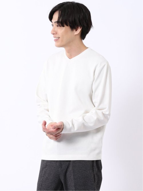 Tシャツ メンズ 長袖 Vネック 裏起毛 綿混 ジオメトリック ジャガード
