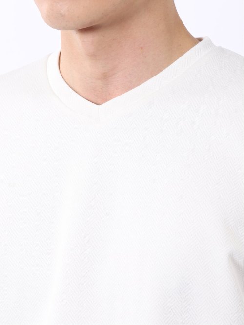 Tシャツ メンズ 長袖 Vネック 裏起毛 綿混 ジオメトリック ジャガード