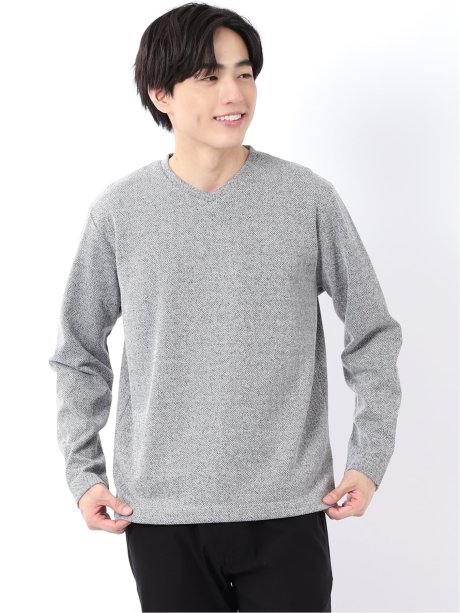 Tシャツ メンズ 長袖 Vネック 裏起毛 綿混 ジオメトリック ジャガード