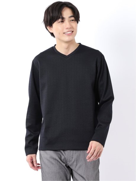 Tシャツ メンズ 長袖 Vネック 裏起毛 綿混 ジオメトリック ジャガード