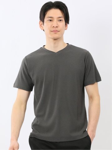 市松 ジャガード Vネック 半袖 Tシャツ