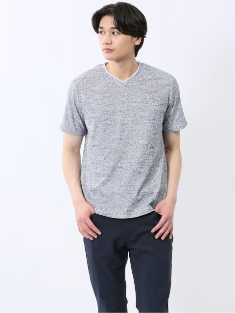 メッシュ かすれプリント Vネック半袖Tシャツ