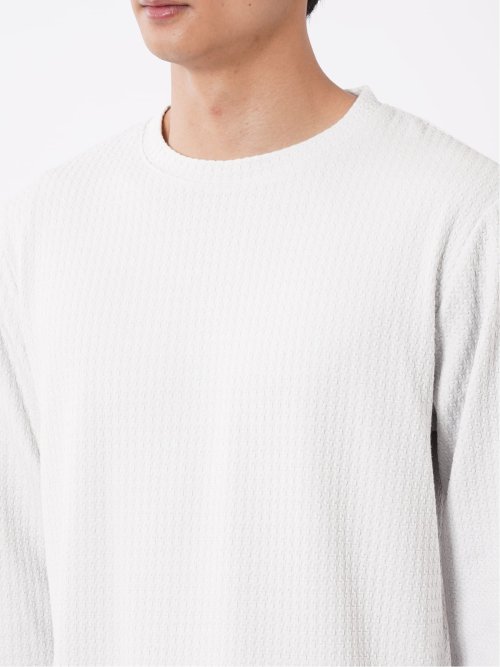 Tシャツ メンズ 長袖 ストレッチ クルーネック 綿混 千鳥格子 ジャガード