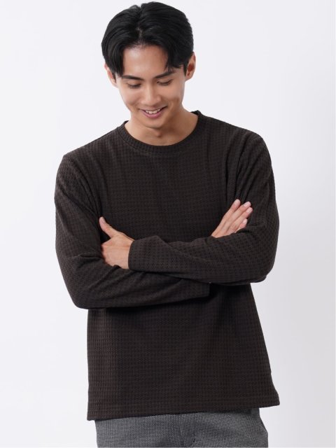 Tシャツ メンズ 長袖 ストレッチ クルーネック 綿混 千鳥格子 ジャガード