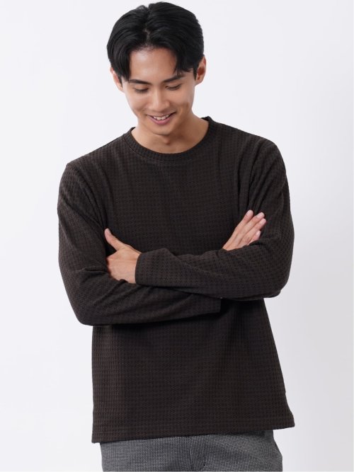 Tシャツ メンズ 長袖 ストレッチ クルーネック 綿混 千鳥格子 ジャガード