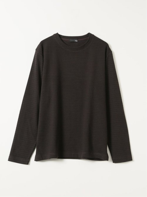 Tシャツ メンズ 長袖 ストレッチ クルーネック 綿混 千鳥格子 ジャガード