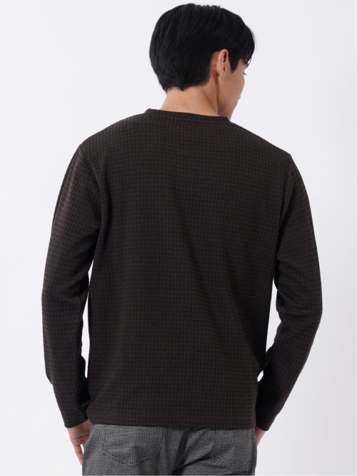 Tシャツ メンズ 長袖 ストレッチ クルーネック 綿混 千鳥格子 ジャガード