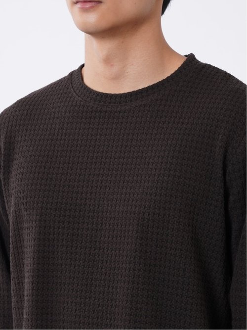 Tシャツ メンズ 長袖 ストレッチ クルーネック 綿混 千鳥格子 ジャガード