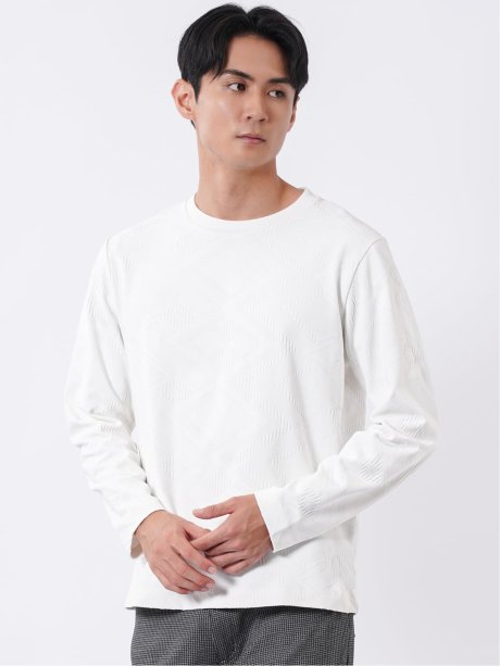 Tシャツ メンズ 長袖 クルーネック 幾何学 ジオメトリック リンクス ジャガード