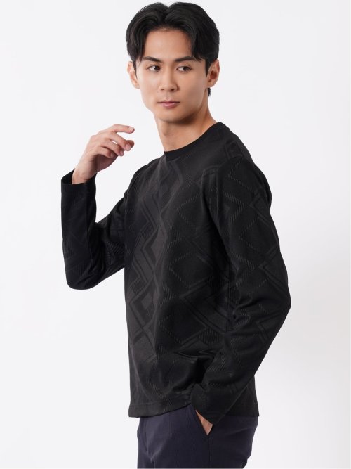 Tシャツ メンズ 長袖 クルーネック 幾何学 ジオメトリック リンクス ジャガード