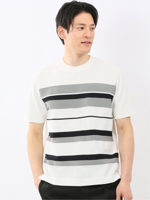 前身 ニット ボーダー 切替 クルーネック 半袖 Tシャツ
