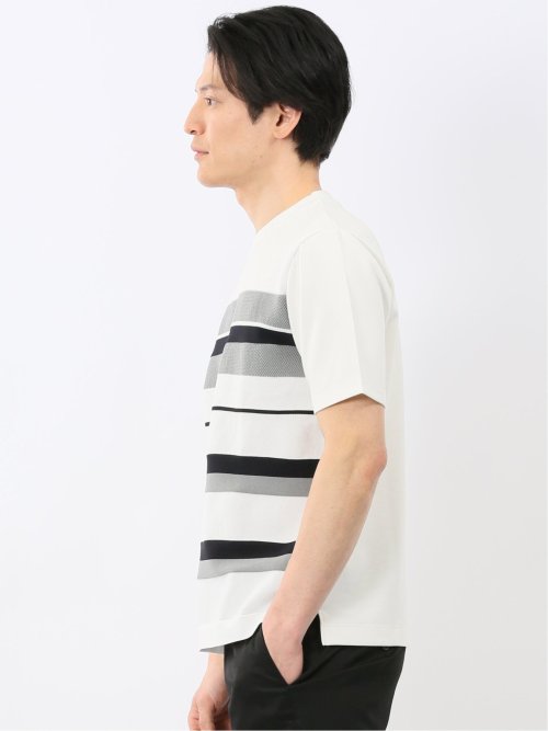 前身 ニット ボーダー 切替 クルーネック 半袖 Tシャツ