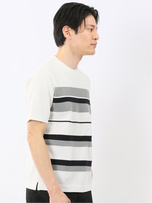 前身 ニット ボーダー 切替 クルーネック 半袖 Tシャツ