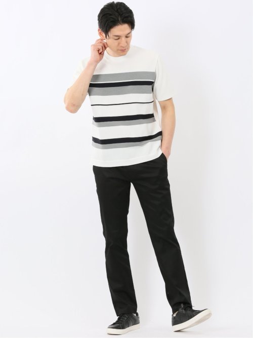 前身 ニット ボーダー 切替 クルーネック 半袖 Tシャツ