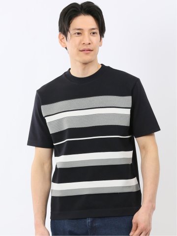 前身 ニット ボーダー 切替 クルーネック 半袖 Tシャツ