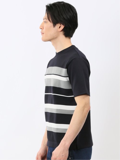 前身 ニット ボーダー 切替 クルーネック 半袖 Tシャツ