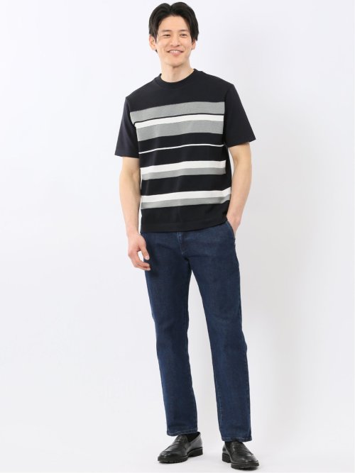 前身 ニット ボーダー 切替 クルーネック 半袖 Tシャツ