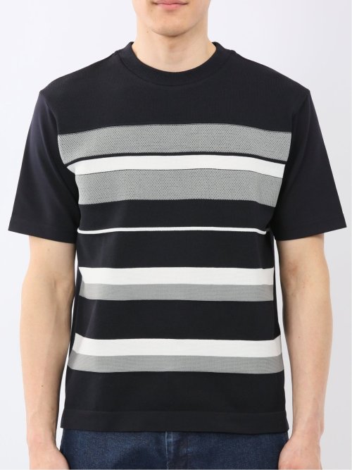 前身 ニット ボーダー 切替 クルーネック 半袖 Tシャツ
