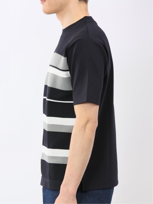 前身 ニット ボーダー 切替 クルーネック 半袖 Tシャツ