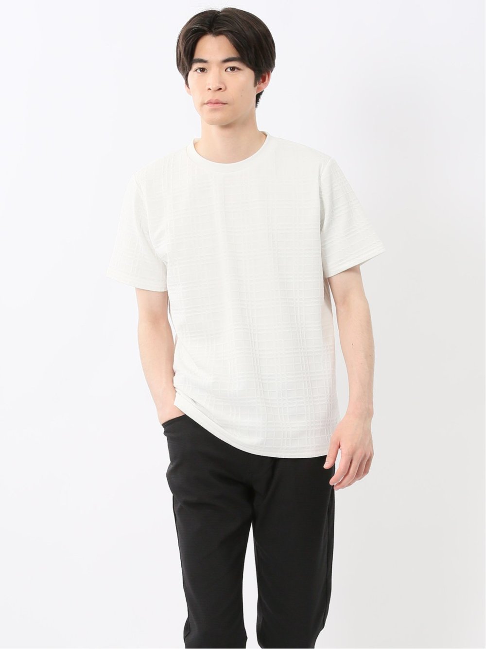 ふくれチェックジャガード クルーネック半袖Tシャツ