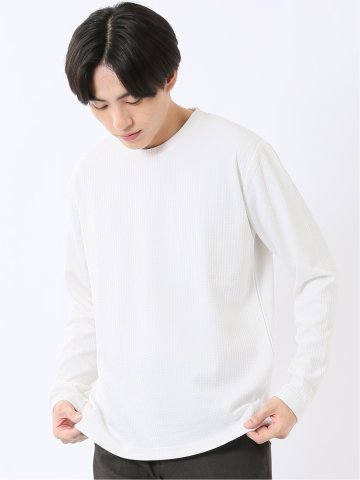 Tシャツ メンズ 長袖 クルーネック 綿混 ワッフル ジャガード