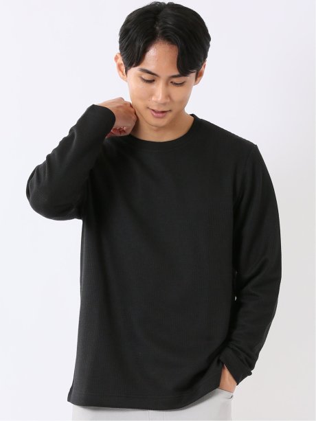 Tシャツ メンズ 長袖 クルーネック 綿混 ワッフル ジャガード